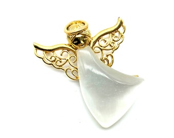 Vintage angel brooch pin with swirly pattern /& butterfly wings silver tone metal with white faux pearl ; about 1 12 x 1 in.