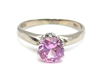 Vintage 10K White Gold & 1.5 Carat Lab Pink Sapphire Solitaire Ring - Size 5.25, Resizeable