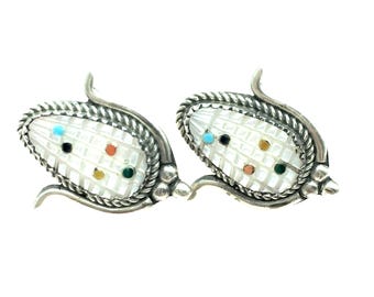 Sterling Silver Zuni Carved Mother of Pearl Corn Ear Earrings Signed TE Bowekaty