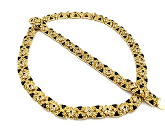 St. John Gold Plated, Black Enamel Rhinestone Necklace & Matching Bracelet