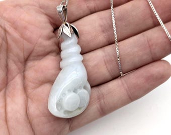Carved Icy Green Jade & Sterling Silver Shell Pendant Necklace - 20"
