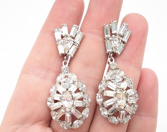 1950s Silver Tone Rhinestone Dangle Screw-Back Earrings - 2"