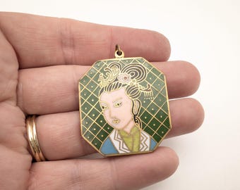 Vintage Asian Woman Cloisonne Pendant
