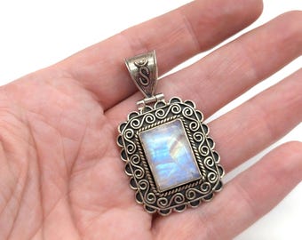 Vintage Rainbow Moonstone & Oxidized Sterling Silver Pendant