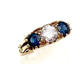 14K Victorian Half Carat Old European Cut Diamond, Sapphire Three Stone Ring - Size 6, Resizeable