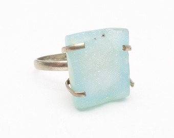 Vintage Sterling Silver & Aquamarine Druzy Ring - Size 7.25