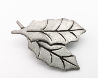 Vintage Etched Pewter Leaves Brooch Signed AJR Co