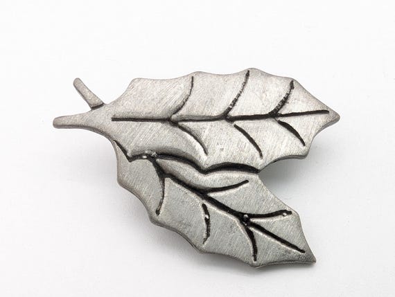 Vintage Etched Pewter Leaves Brooch Signed AJR Co New Zealand