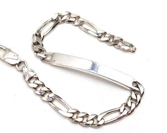 Large Vintage 6mm Engravable Sterling Silver Bar & Figaro Chain Bracelet - 8.5"
