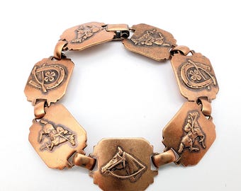 Vintage Western Equestrian Themed Copper Link Bracelet - 7.5"
