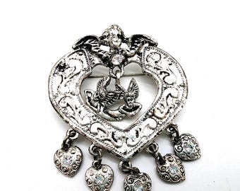 Antiqued Silver Tone Angel Heart Rhinestone Dangle Brooch