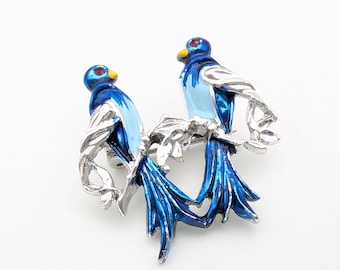 Vintage Enameled Blue Love Birds Brooch
