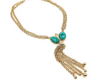 Rare 1960s Hobe Gold Chain & Green Lucite Jade Lariat Statement Necklace - 18.5"