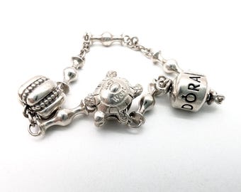 Vintage Sterling Silver Pandora Link Bracelet Key West Turtle Charm - 7"