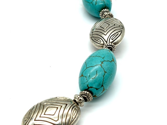 Vintage Faux Turquoise Glass & Etched Silver Bead… - image 7