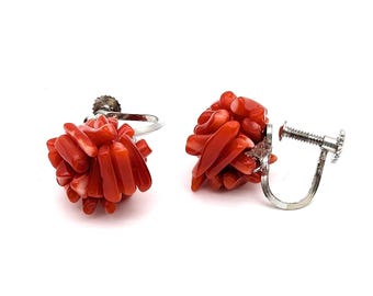 Vintage Red Coral Branch Sterling Silver Screw Back Earrings