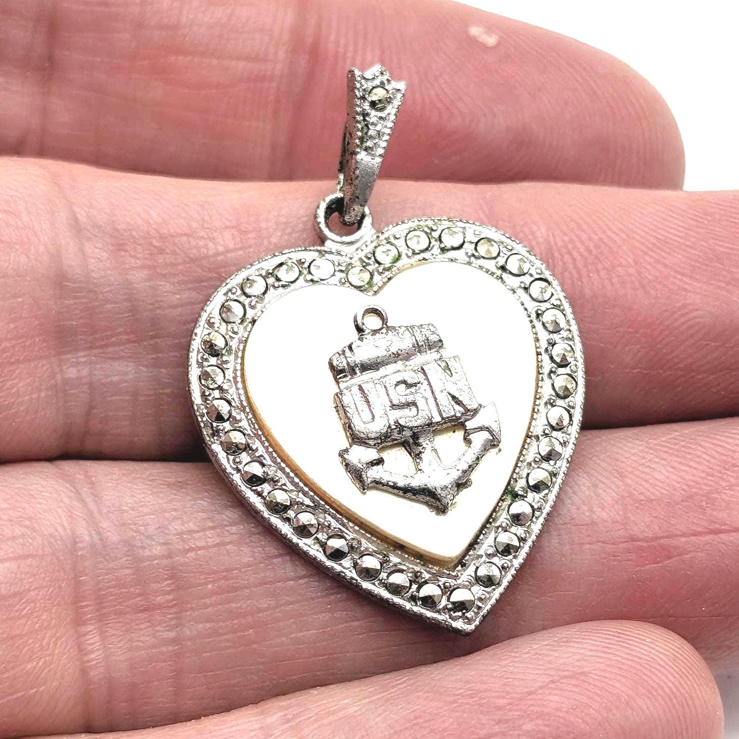 WWII Era Sterling Silver Marcasite Heart Pendant, USN Anchor