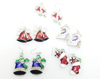 Sterling Silver Plated Enameled Holiday Bell or Stocking Dangle Earrings - Choose From 5 Styles