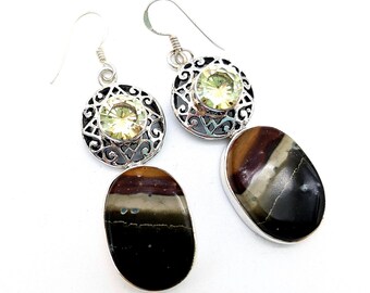 Artisan Lemon Quartz, Banded Agate & Sterling Silver Dangle Earrings