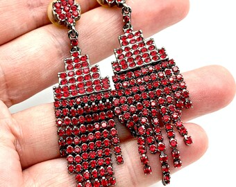Vintage St. John Red Rhinestone & Gunmetal Gray Dangle Earrings - 3"