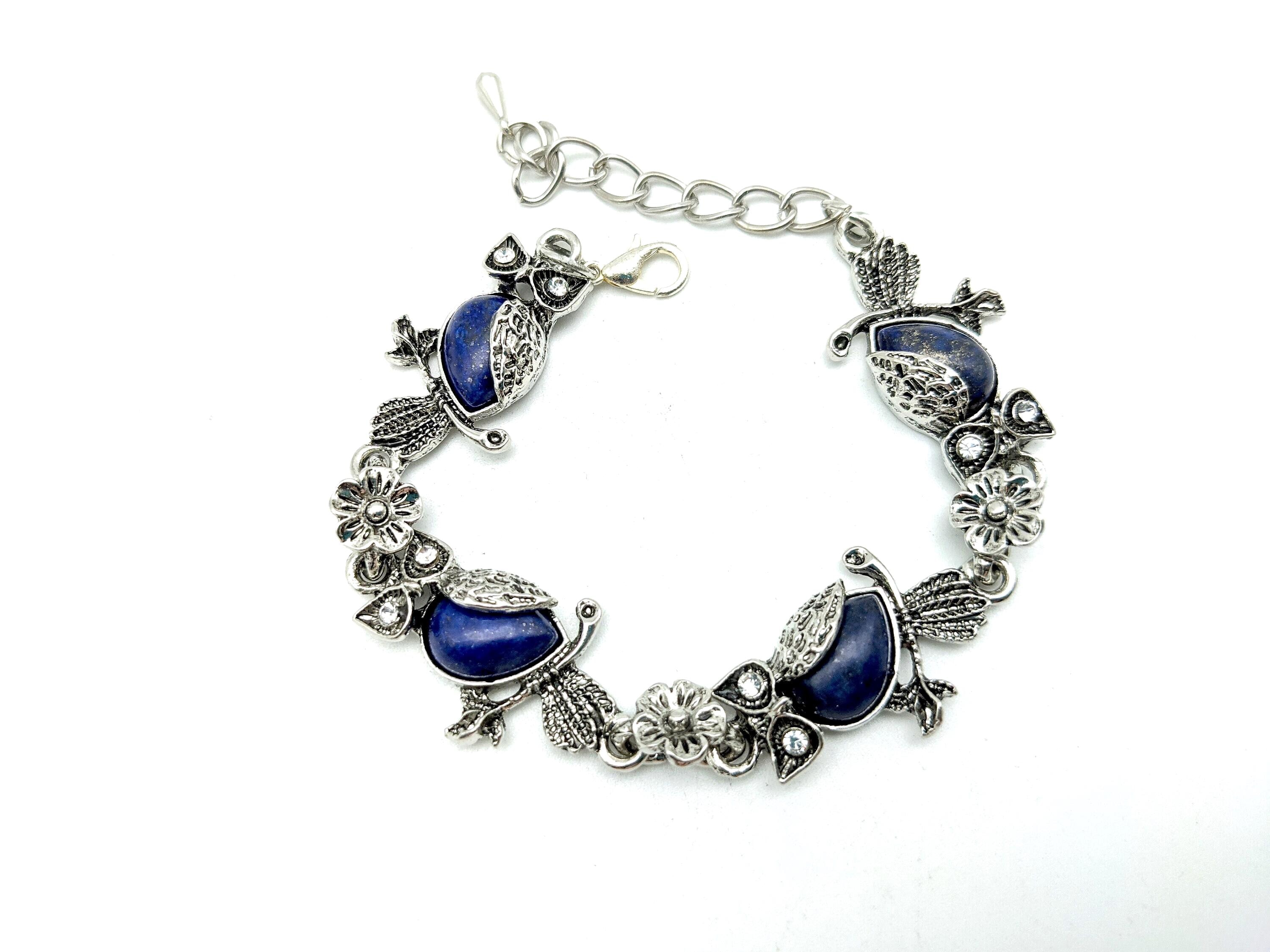Vintage Silver Tone & Faux Blue Lapis Owl Link Bracelet - 7-9" Adjustable