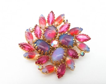 Vintage Sabrina Stone Faux Opal Pink Lavender Floral Brooch - 2.25"