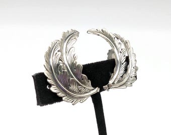 1950s Sterling Silver Double Feather Clip on Ear Climber Earrings - 1.25"