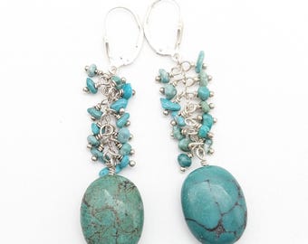 Vintage Turquoise Blue Howlite & Sterling Silver Dangle Earrings