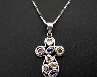 Vintage Sterling Silver & CZ Gemstone Cross Pendant Necklace - 22"