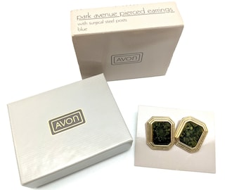 Vintage Avon "Park Avenue" Faux Jade and Gold Tone Stud Earrings In Original Box