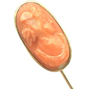 Antique 14K Gold & Pink Coral Carved Cameo Stick Pin