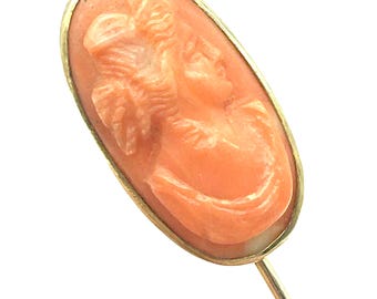 Antique 14K Gold & Pink Coral Carved Cameo Stick Pin