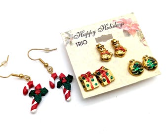 4 Pairs of Vintage Christmas Earrings: Snowman, Package, Ornament, Candy Cane
