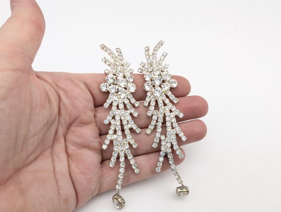 Long Silver Plated & Rhinestone Statement Earring… - image 2