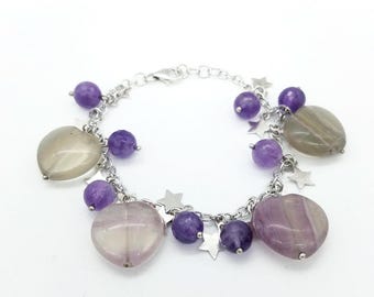 Sterling Silver, Amethyst & Purple Agate Hearts and Stars Charm Bracelet - 7.25"