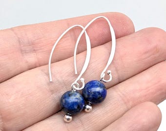 Sterling Silver Blue Lapis Bead Earrings, Dangle, Threader Ear Wires