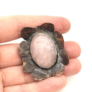 Vintage Rose Quartz, Sterling Silver & Copper Artisan Floral Pendant Signed RS