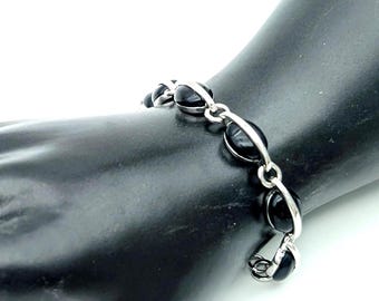Vintage Sterling Silver and Black Onyx Link Bracelet - 6.25"
