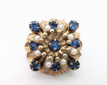 Vintage Gold Tone, Faux Pear & Blue Rhinestone Floral Brooch - 1"