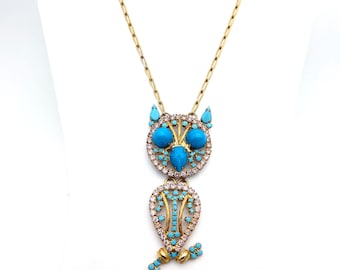 Rare Alice Caviness Owl Pendant Necklace With Turquoise & Pink Stones