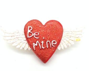 Vintage "Be Mine" Winged Heart Valentine's Day Resin Lapel Pin