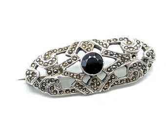 Garnet, Marcasite & Sterling Silver Brooch