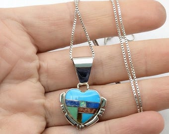 Sterling Silver Turquoise & Gemstone Inlay Heart Pendant Necklace - 20"