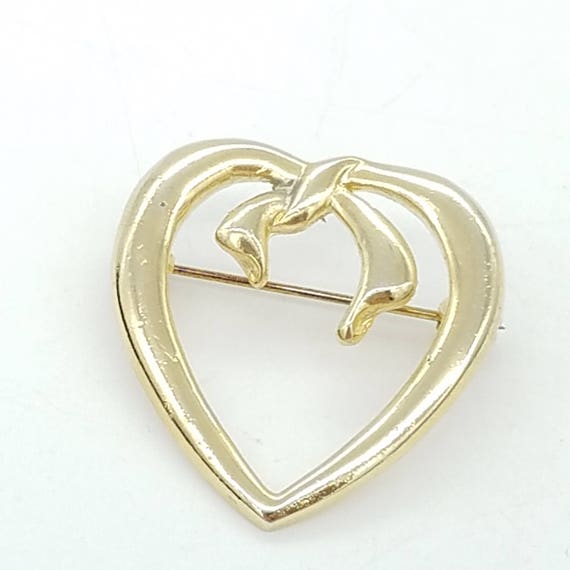 Vintage Gold-Tone Open Heart Bow Brooch - image 1
