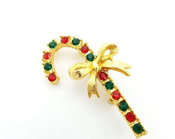 Vintage Gold Tone & Rhinestone Candy Cane Brooch With Bow