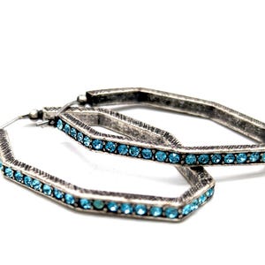 Authentic Givenchy Blue Crystal Rhinestone Geometric Gunmetal Gray Hoop Earrings - 1.5"