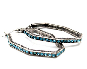 Authentic Givenchy Blue Crystal Rhinestone Geometric Gunmetal Gray Hoop Earrings - 1.5"