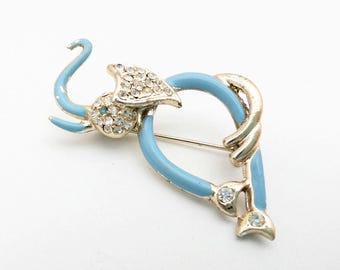 Vintage Blue Enameled & Gold Tone Rhinestone Elephant Brooch -2"