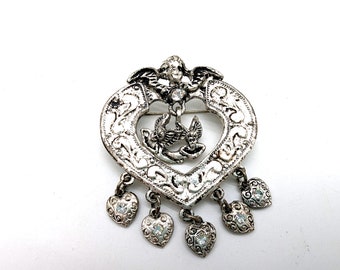 Spilla pendente con strass a forma di cuore d'angelo in tono argento anticato