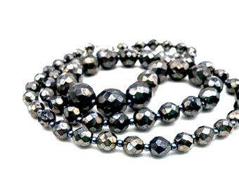 Vintage Graduated Iridescent Black Crystal Bead Necklace - 30"